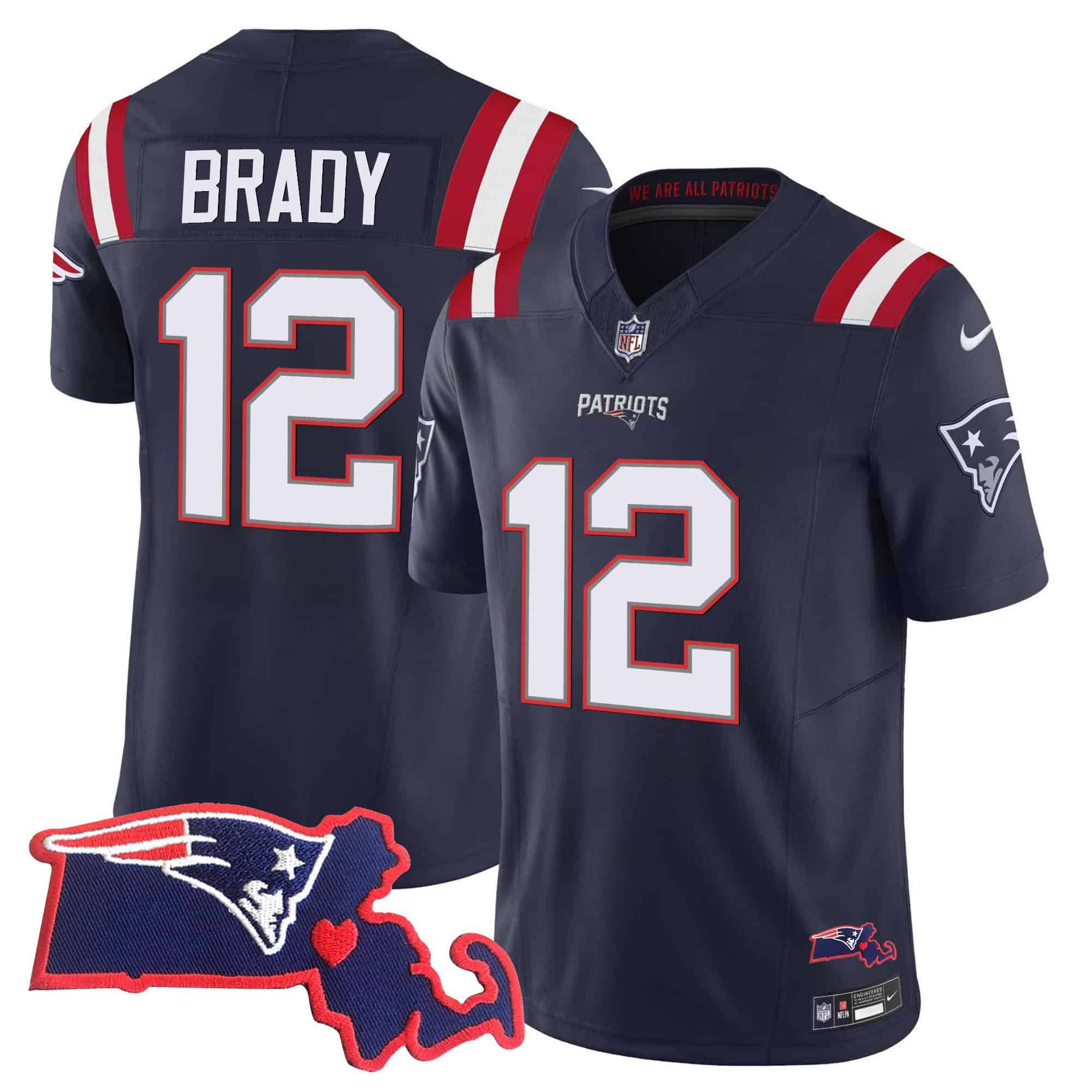 Men New England Patriots #12 Brady Dark blue 2024 Nike Patch Vapor Limited NFL Jersey style 1